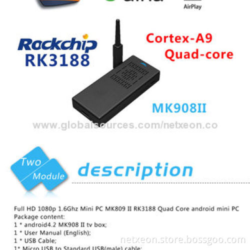 Full HD 1,080-pixel Mini Google's Android PC with 5V DC/1A Output, DDR3 2GB RAM